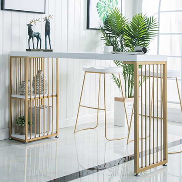 Solid Wood Bistro Table Metal Base Rectangle Bar Height Pub Table with Shelves