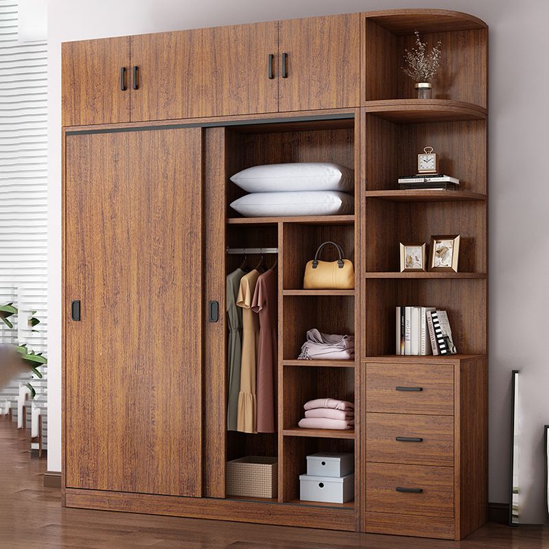 Artificial Wood Wardrobe Brown Wardrobe with Sliding Doors for Bedroom