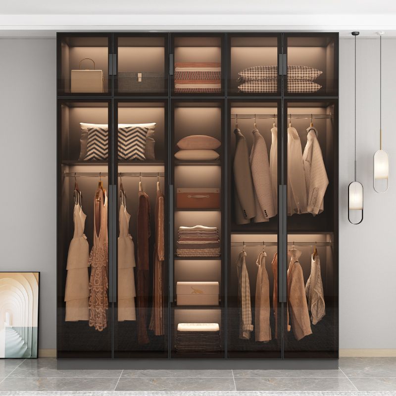Freestanding Grey Wood Frame Wardrobe Modern Multifunctional Wardrobe with Glass Doors Clearhalo 'Armoires & Wardrobes' 'armoires_wardrobes' 'Bedroom Furniture' 'furn' 'furn_armoires_wardrobes' 'Furniture' 1200x1200_45ca39da-31ab-463b-8fc8-3d49390eb6e6