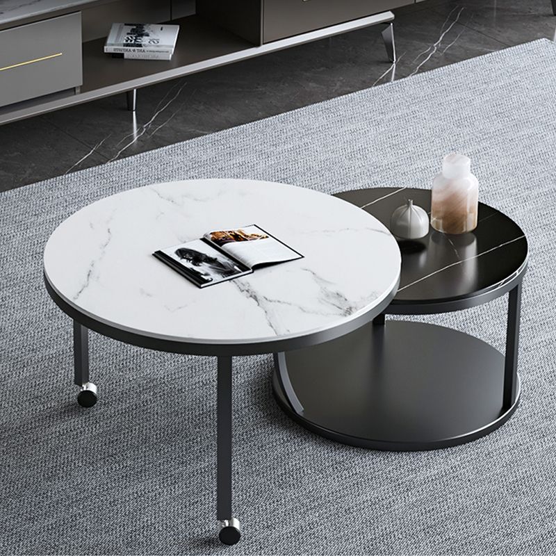 Contemporary Coffee Table Set Slate Round 2-Piece Coffee Cocktail Table