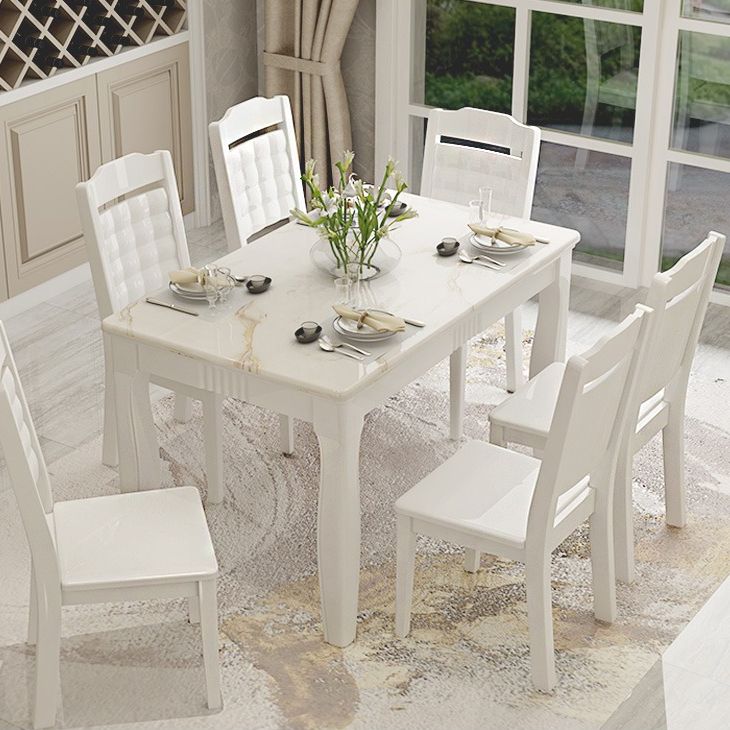 Contemporary Style Marble Dining Set with White Fixed Table and 4 Legs Base for Home Use Clearhalo 'Dining Room Sets' 'Dining Tables & Seating' 'dining_room_set' 'furn' 'furn_dining_room_set' 'Furniture' 'furniture_dining_room_set' 'Kitchen & Dining Furniture' 'kitchen&dining_furn' 'kitchen' 1200x1200_45d5761d-c218-4398-91aa-d1e7892a1dc2