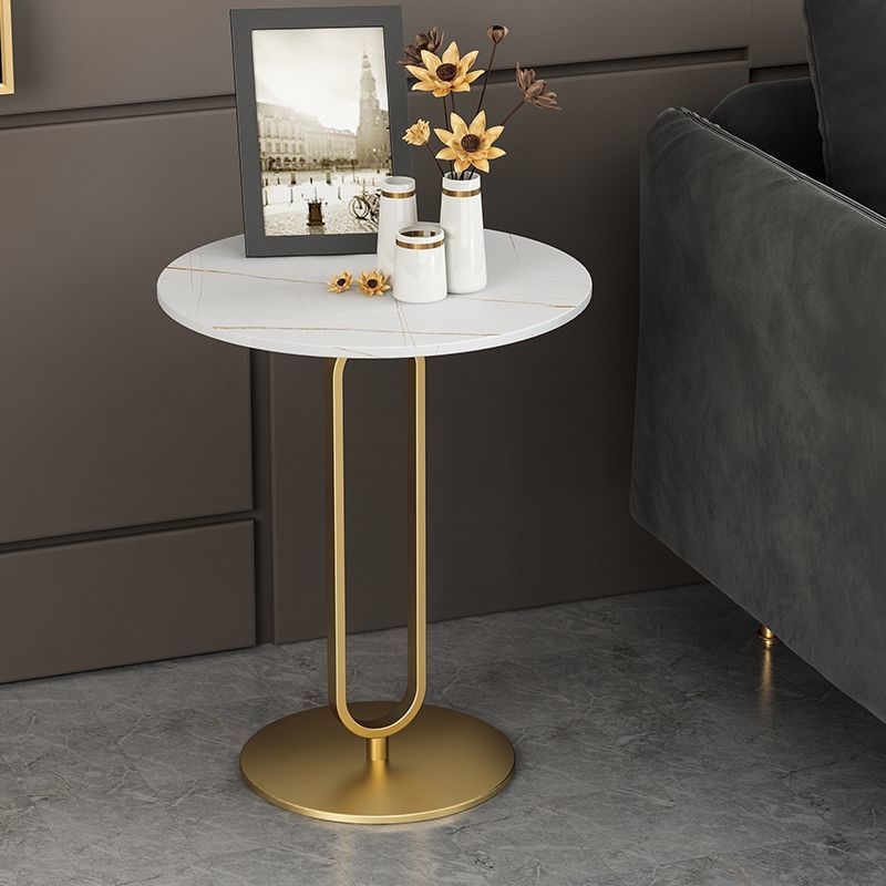 Modern 21.6' Tall Mental Pedestal Side Table Faux Marble Round Top End Table