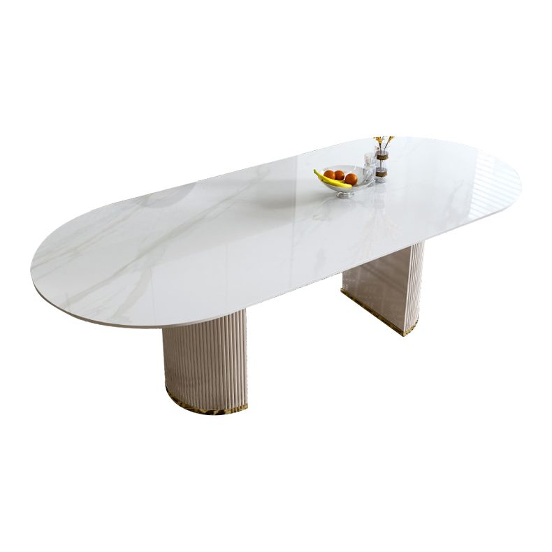 Oval Double Pedestal Glam Dining Table White Tone Fixed Table with Sintered Stone Clearhalo ' dining_table' 'Dining Tables & Seating' 'Dining Tables' 'furn' 'furn_dining_table' 'Furniture' 'furniture_dining_table' 'Kitchen & Dining Furniture' 'kitchen&dining_furn' 'kitchen' 'kitchen_dining_table' 1200x1200_45e68e84-64da-4590-95b8-2b350a7ae86d