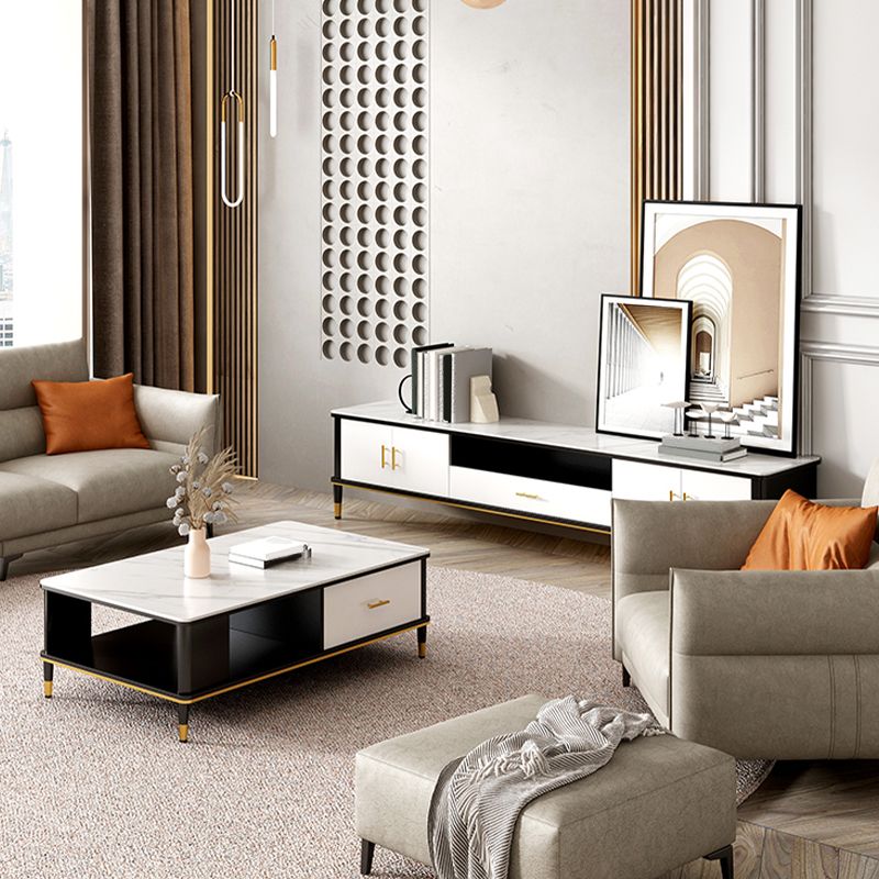 Contemporary Stone TV Console White Open Storage Media Console Clearhalo 'furn' 'furn_tv_stands_entertainment_centers' 'Furniture' 'Living Room Furniture' 'TV Stands & Entertainment Centers' 'TV Stands & Media Storage Furniture' 'tv_stands_entertainment_centers' 1200x1200_45f0df31-f4ce-40d7-a0b1-73e2a66210f0
