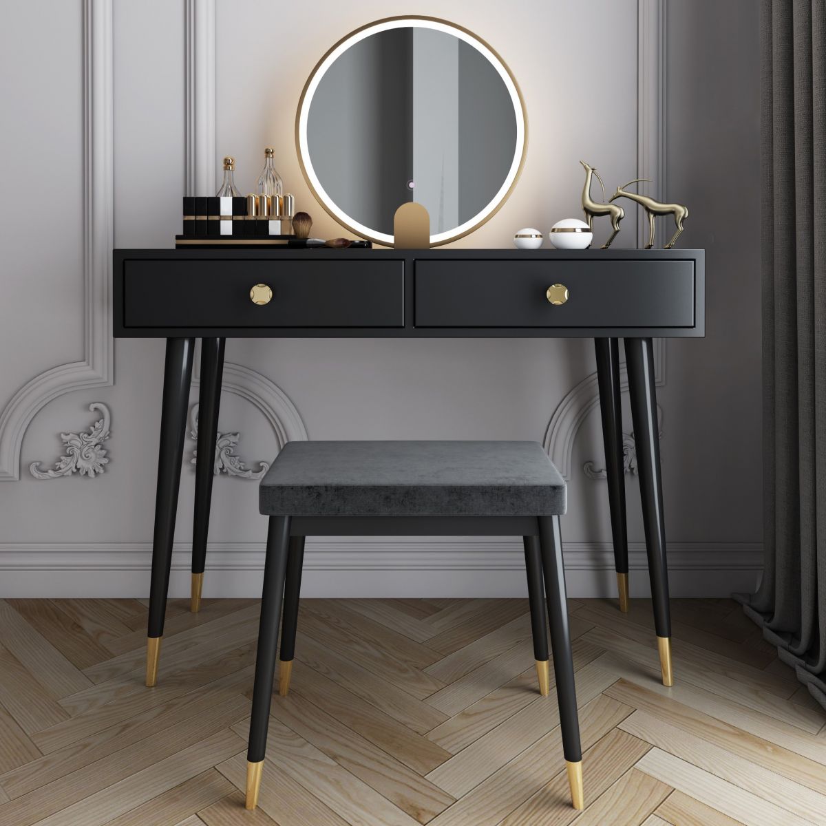 Modern Solid Wood Vanity Dressing Table with Mirror and Stool Clearhalo 'Bedroom Furniture' 'furn' 'furn_makeup_vanities' 'Furniture' 'Makeup Vanities' 'makeup_vanities' 1200x1200_45f96dfe-a88c-4ee8-8337-fe840ddba648