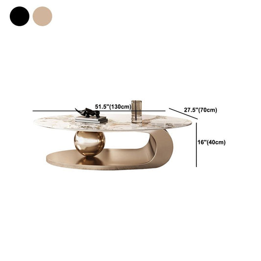 Elliptical Stone Glam Abstract Coffee Cocktail Table with Floor Shelf