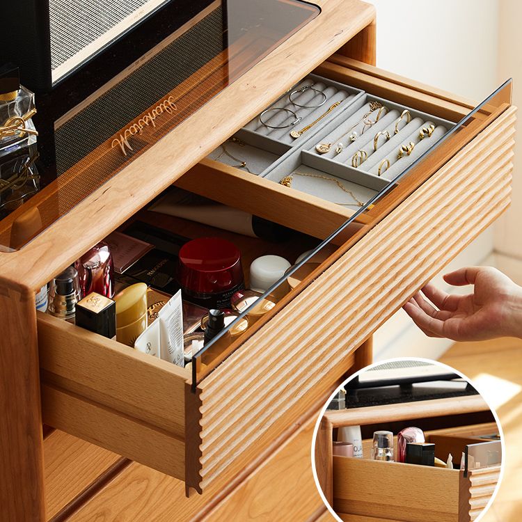 Mid-Century Modern Chest with 5 Drawers and Glass Top in Natural Clearhalo 'Cabinets & Chests' 'cabinets_chests' 'furn' 'furn_cabinets_chests' 'Furniture' 'Living Room Furniture' 1200x1200_46261ec6-ccaa-418c-9947-ceb296124c23