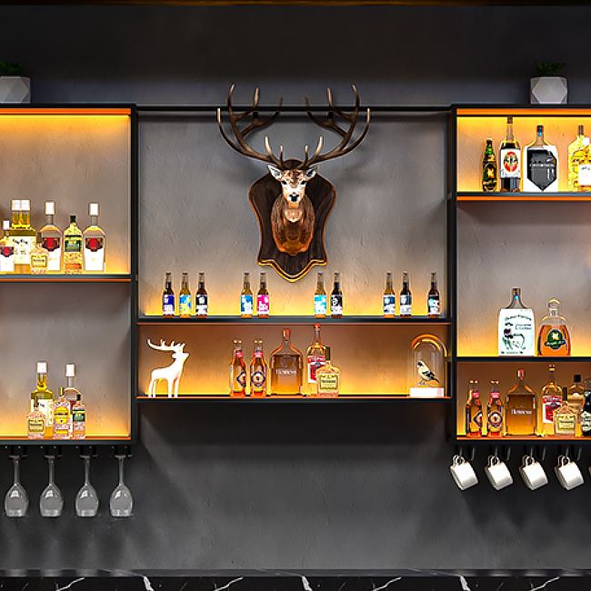 Porte-vides muraux en bois et porte-vin en métal en marron et noir