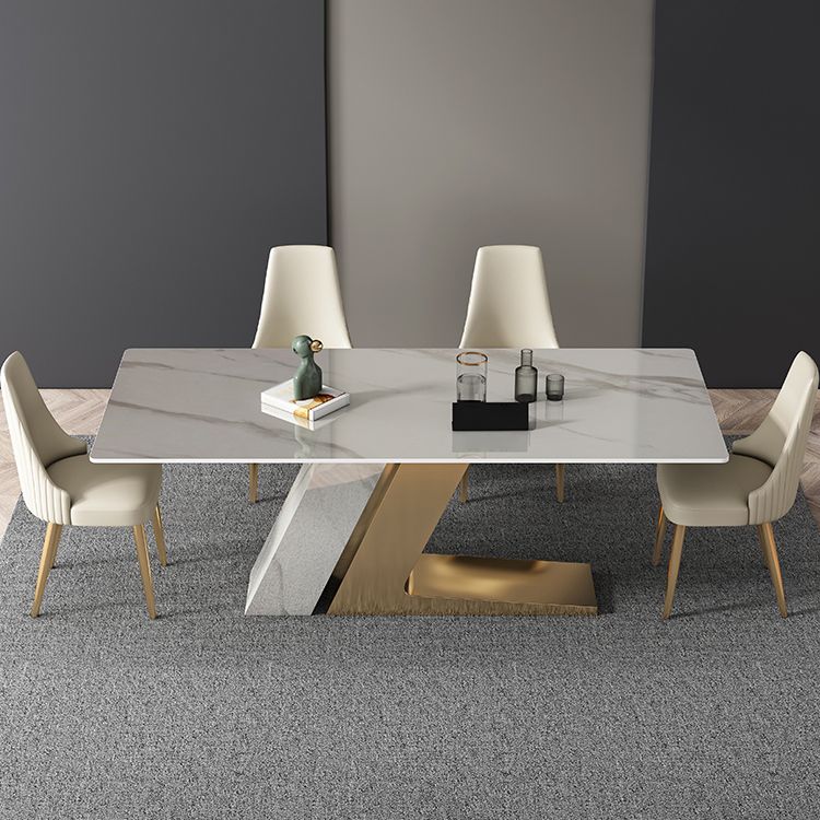 Modern Sintered Stone Table Set of 5 with Rectangle Table Dining Set with White PU Leather Chairs Clearhalo 'Dining Room Sets' 'Dining Tables & Seating' 'dining_room_set' 'furn' 'furn_dining_room_set' 'Furniture' 'furniture_dining_room_set' 'Kitchen & Dining Furniture' 'kitchen&dining_furn' 'kitchen' 1200x1200_46733dbd-082c-49e1-830f-36303cf28423