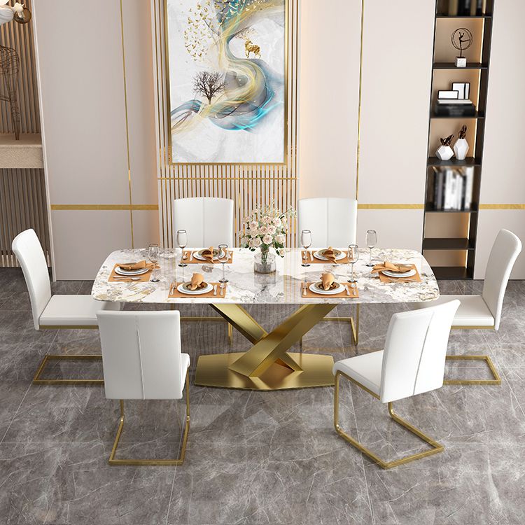 Sintered Stone Top Table for Restaurant Luxury Rectangle Table with Gold Metal Pedestal Clearhalo 'Dining Tables & Seating' 'Dining Tables' 'dining_table' 'furn' 'furn_dining_table' 'Furniture' 'furniture_dining_table' 'Kitchen & Dining Furniture' 'kitchen' 'kitchen_dining_table' 1200x1200_4675b988-8dc6-4dd4-88f9-b1b2f0297292