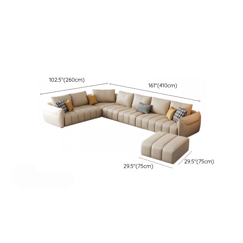 Contemporary Square Arm Loose Back Sofa and Chaise Beige Faux Leather U Sofa
