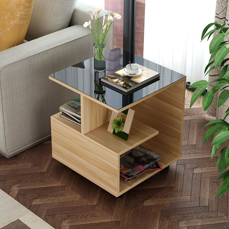 Transitional Square Glass Top End Table Portable Sofa Side Table with Shelves
