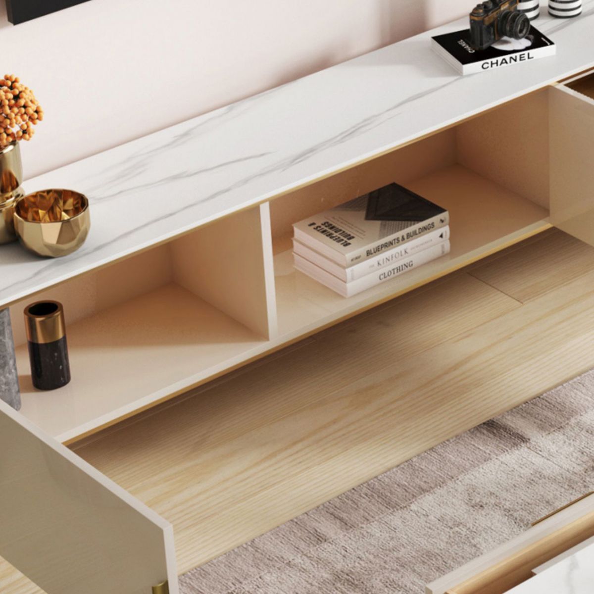 Singer de la consola de televisión de piedra sinterizada casera escandinava de televisión con patas de metal