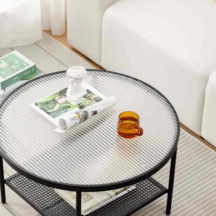 Modern 17.7"H Round Glass Cocktail Table Iron 4 Legs Coffee Table with Shelf Clearhalo 'Coffee & Accent Tables' 'Coffee Tables' 'coffee_tables' 'furn' 'furn_coffee_tables' 'Furniture' 'Living Room Furniture' 1200x1200_468f50ee-95d3-4736-b176-44f816095d28