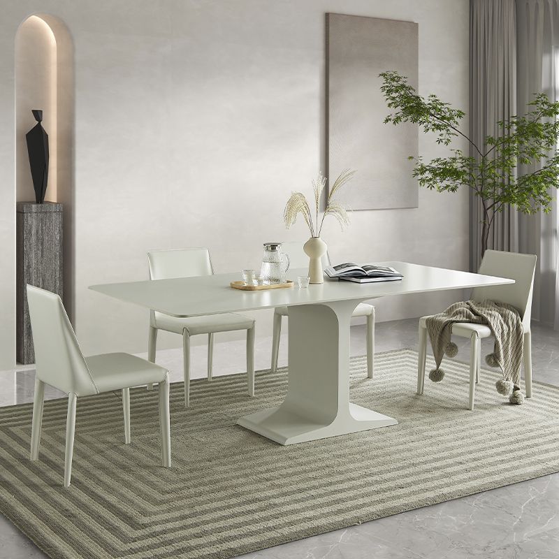 Mesa de comedor de piedra blanca y acero, mesa de comedor informal con pedestal rectangular