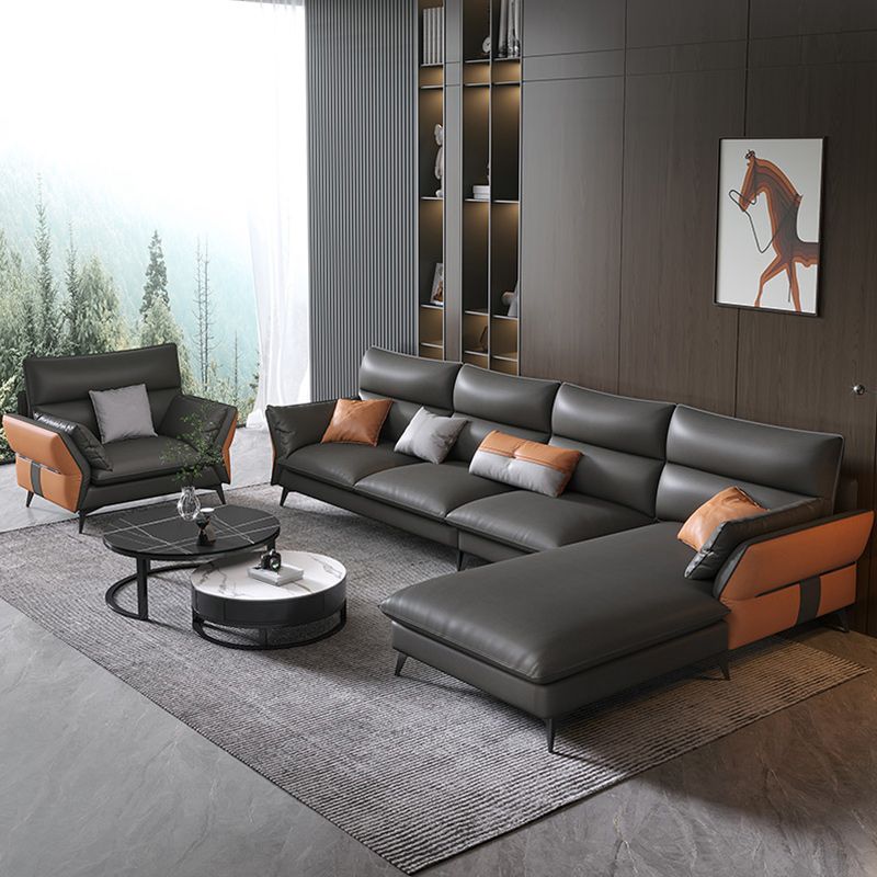 Vintage Sewn Pillow Back Sofa & Chaise 4-seat Faux Leather Sofa Clearhalo 'furn' 'furn_sectionals' 'Furniture' 'Living Room Furniture' 'Sectionals' 1200x1200_46b9c47b-ea39-4570-ae6a-3b8f1336f825