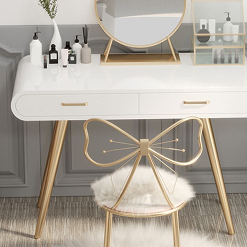White Wood Makeup Vanity with 2 Drawers Mirrored Dressing Table Stool Set