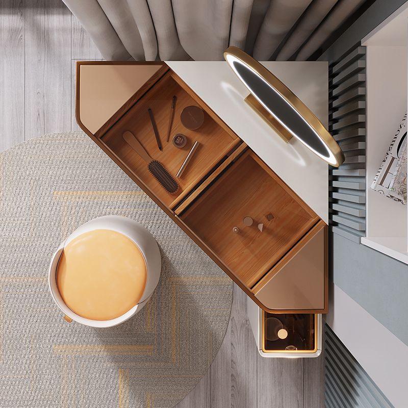 Tavolo da vanità a specchio e set di sgabelli da 4 cassetti in vetro