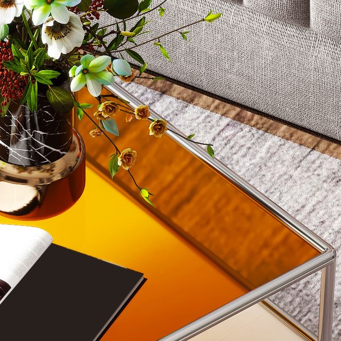 Tavolino quadrato contemporaneo con scaffale e top in vetro e gambe in acciaio