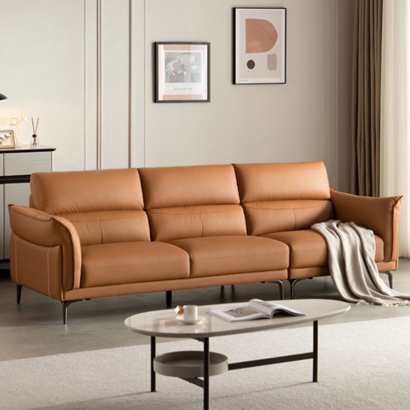 Modern Genuine Leather Sewn Pillow Back Flared Arm Sofa For Living Room