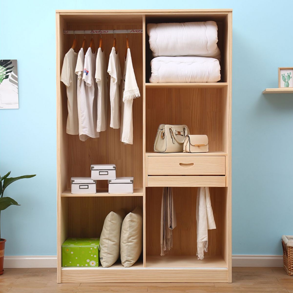 Modern Freestanding Wardrobe Pine Solid Wood Wardrobe with Drawer