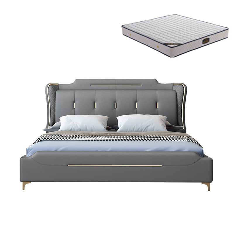 Cama de panel glamoroso de cuero sintético con cabecera tapizada de madera