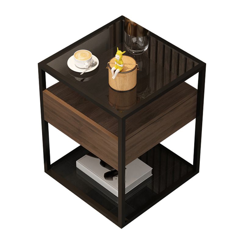 Tableau supérieur en verre carré / pierre 21.26 "Table d'appoint à 1 tirage de haut avec étagère de rangement