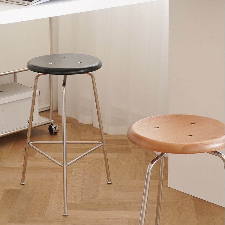 Contemporary Solid Wood Round Armless Bar Stool with Metal Base