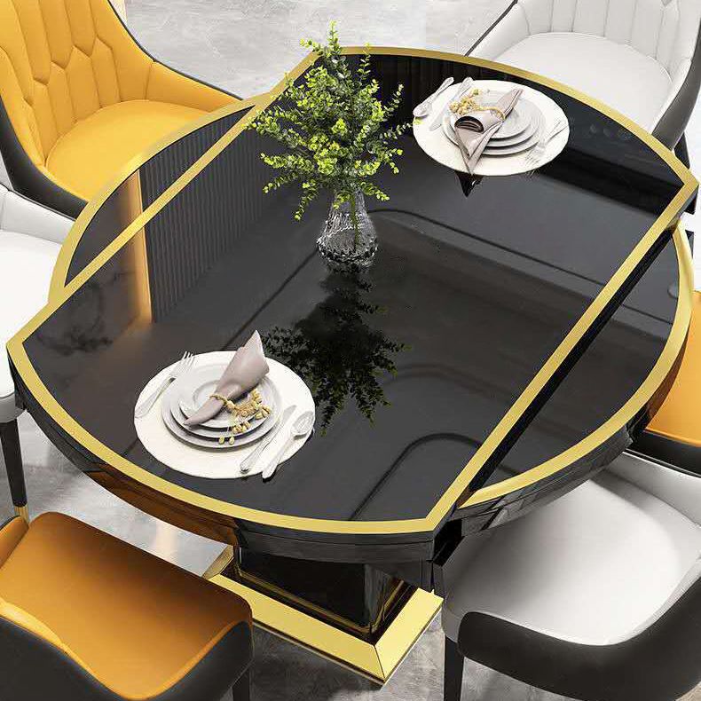 ガラストップダイニングテーブル台座鋼基地を備えたモダンな拡張可能な家具