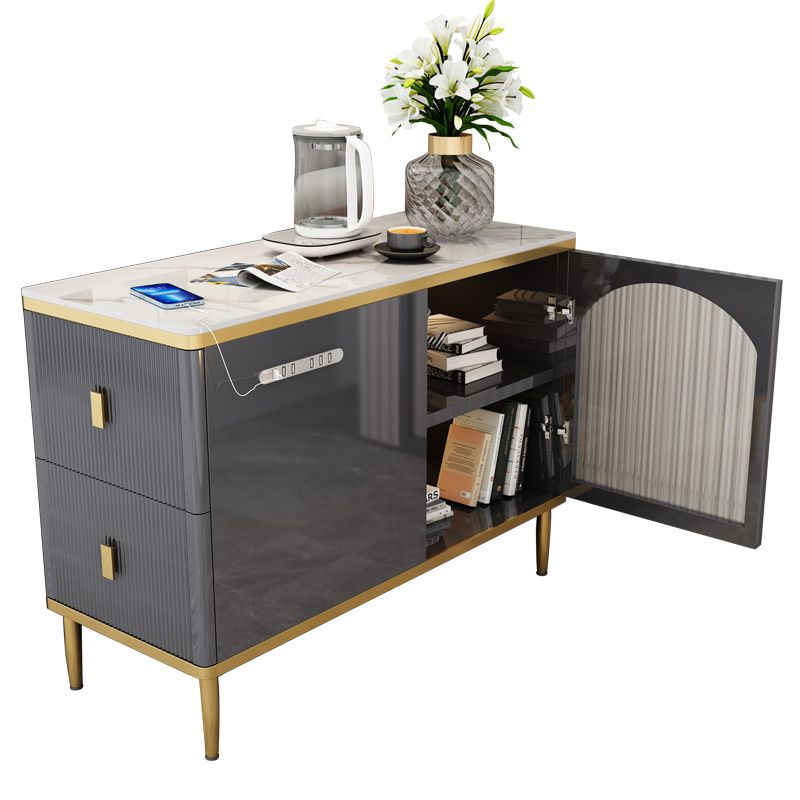 Rechthoekig ijzer 4 poten bijzettafel met twee ladjes eindtafel in grijs/zilver