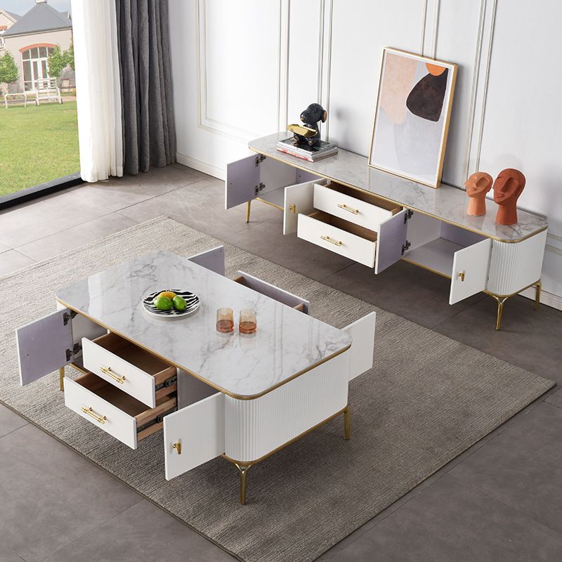 Glam 4-beiniger einzelner Couchtisch aus Schiefer, rechteckiger Cocktailtisch mit 2 Schubladen
