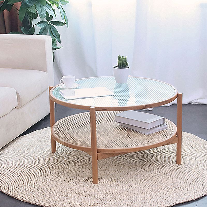 4 Legs Bunching Table with Solid Wood Base Round Coffee Table with Tempered Glass Top Clearhalo 'Coffee & Accent Tables' 'Coffee Tables' 'coffee_tables' 'furn' 'furn_coffee_tables' 'Furniture' 'Living Room Furniture' 1200x1200_480aa282-74af-4c00-addf-f0d61aee6a2f