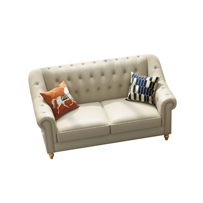 Beige 34.65" H Rolled Arm Glam Sofa with Nailhead Trim for Living Room Clearhalo 'furn' 'furn_sofas' 'Furniture' 'furniture_sofas' 'kitchen' 'kitchen_sofas' 'Living Room Furniture' 'Sofa' 'sofas' 1200x1200_480e537e-4b14-4e7a-9cfa-9d07a7fcd168