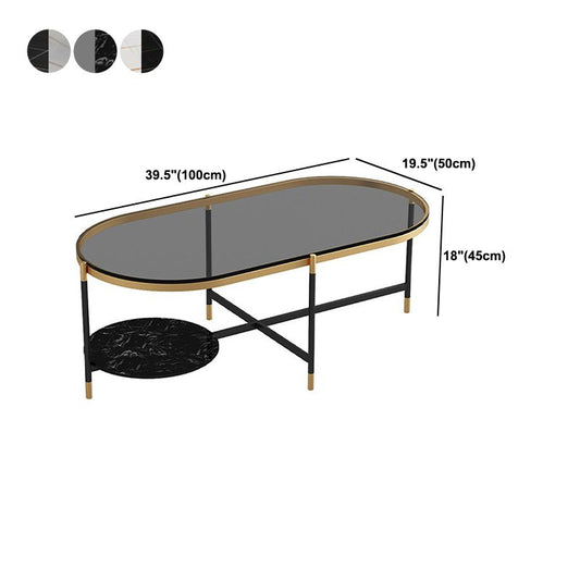 17.7" Tall Modern Metal Cross Leg Base Glass Oval Coffee Table with Shelf Clearhalo 'Coffee & Accent Tables' 'Coffee Tables' 'coffee_tables' 'furn' 'furn_coffee_tables' 'Furniture' 'furniture_coffee_tables' 'Living Room Furniture' 1200x1200_482299b3-5b05-47d9-b9ef-58d166fa98b3