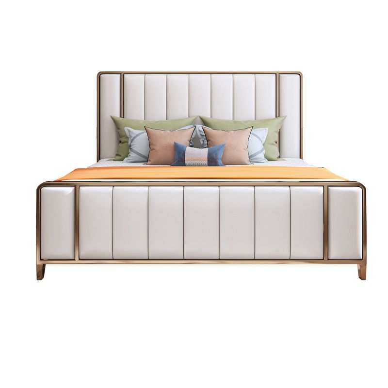 White Standard Bed Modern Bed Frame with Upholstered Headboard