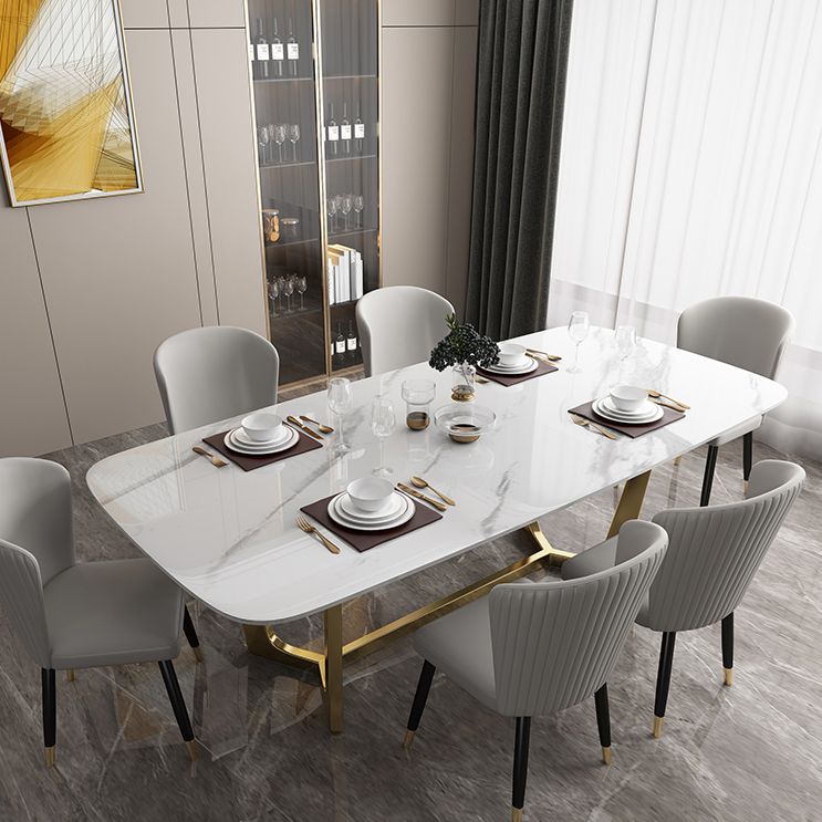 Luxury Sintered Stone Top Table Rectangle Table with Trestle Base in Gold Clearhalo 'Dining Tables & Seating' 'Dining Tables' 'dining_table' 'furn' 'furn_dining_table' 'Furniture' 'furniture_dining_table' 'Kitchen & Dining Furniture' 'kitchen' 'kitchen_dining_table' 1200x1200_483ef57c-9e79-4824-8e71-e3df9daa7322