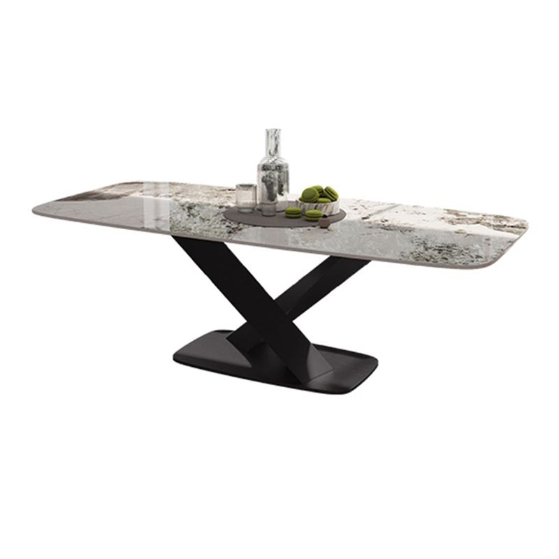 Tavolo da pranzo moderno rettangolare con piano bianco e base a X in metallo nero