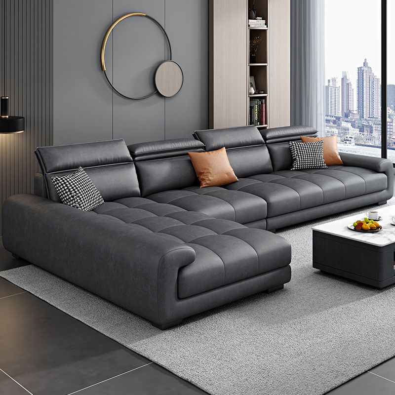Faux Leather L-Shape Sectional with Adjustable Head Pillow for 4 People