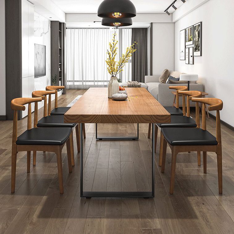 Modern Solid Wood Table Rectangle Dining Table with Metal Double Pedestal Base