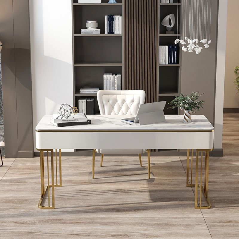 Stone Curved Office Desk Glam 1 Drawer Writing Desk with Sled Base Clearhalo 'furn' 'furn_office_desk' 'Furniture' 'Office Desks' 'Office Furniture' 'office_desk' 1200x1200_48dd55fd-99f2-4dff-8629-b5c713d353c5