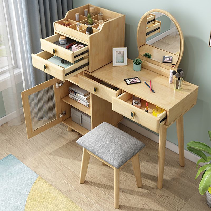 Set di vanità in gomma con sgabello e specchio scandinavo 4 cassetti
