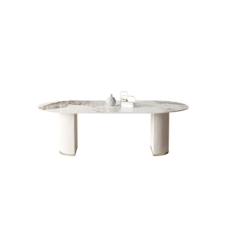 Glam Oval Dining Table Stone Top Dining Table with Double Pedestal in White Clearhalo 'Dining Tables & Seating' 'Dining Tables' 'dining_table' 'furn' 'furn_dining_table' 'Furniture' 'Kitchen & Dining Furniture' 1200x1200_48eed241-dadf-477a-941d-ebf02638826e