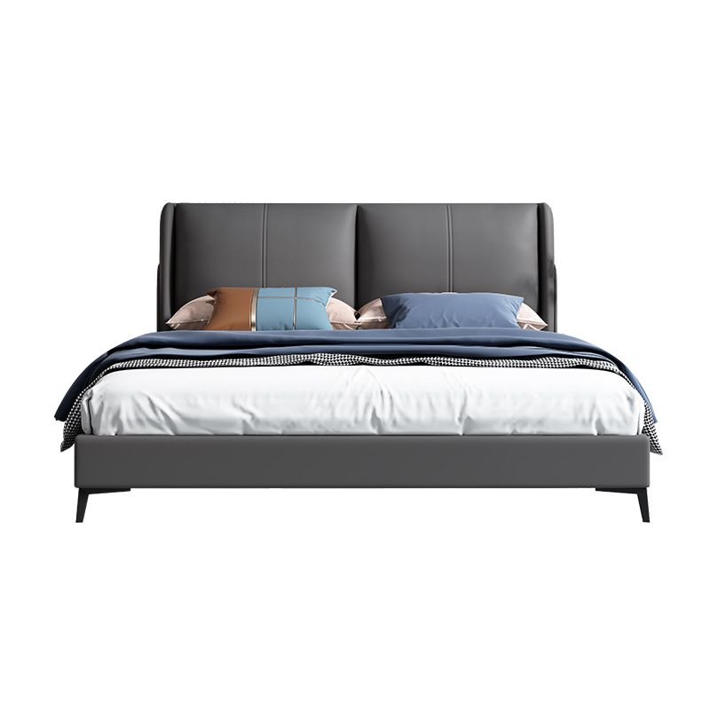 Grey Pine Wood Panel Bed Leather Bed Frame with Upholstered Headboard