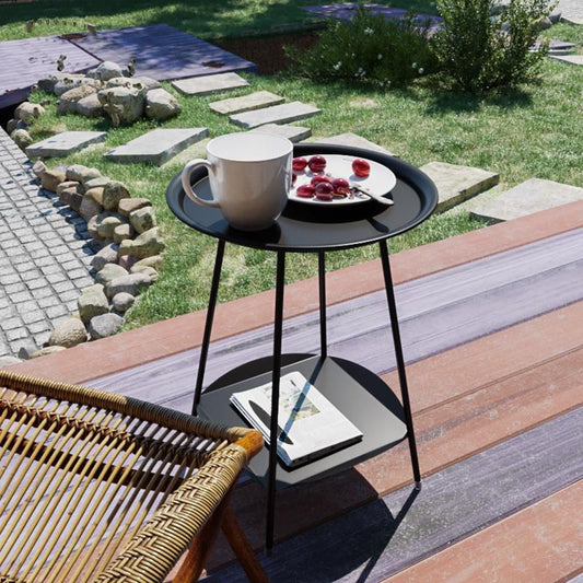 Tabla de metal de metal de las patas de doble ronda de dos niveles de nivel de medio de mediados de siglo con almacenamiento