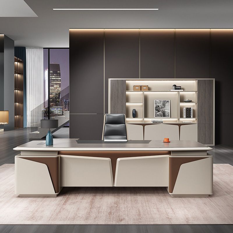 Scrivania da ufficio scuro taupe glam di scrittura rettangolare con cassetti