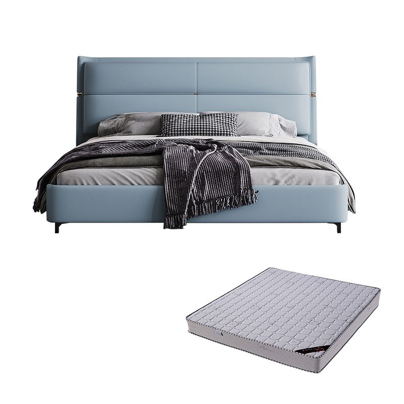 Lederen gestoffeerd rechthoekig paneelbed Standaard bedframe in blauw