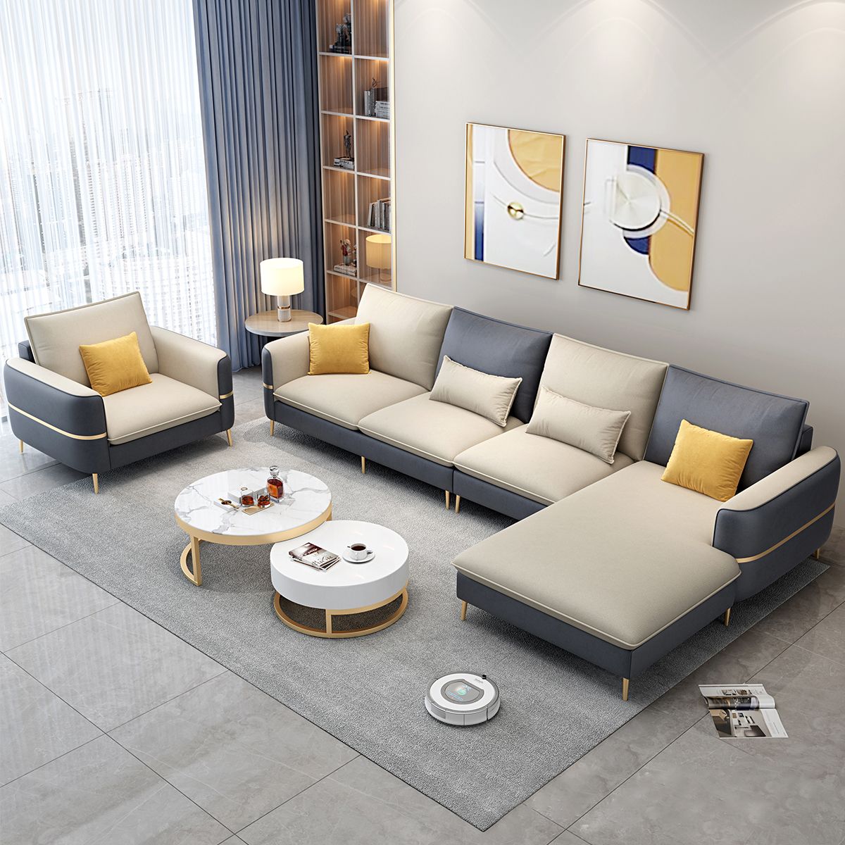 Contemporary Recessed Arm Sofa with Pillows Back and Golden Legs Clearhalo 'furn' 'furn_sectionals' 'Furniture' 'furniture_sectionals' 'kitchen' 'kitchen_sectionals' 'Living Room Furniture' 'Sectionals' 1200x1200_493bfaef-7d8e-4284-a361-52b9f6c81c7c