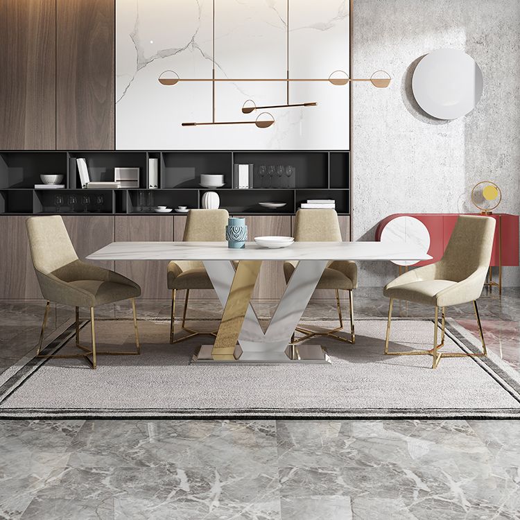 Luxury Sintered Stone Top Table Rectangle Table with Pedestal in Gold and Silver