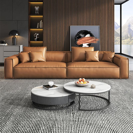 Tan echt lederen strakke achterste vierkante arm bank/sectional voor woonkamer