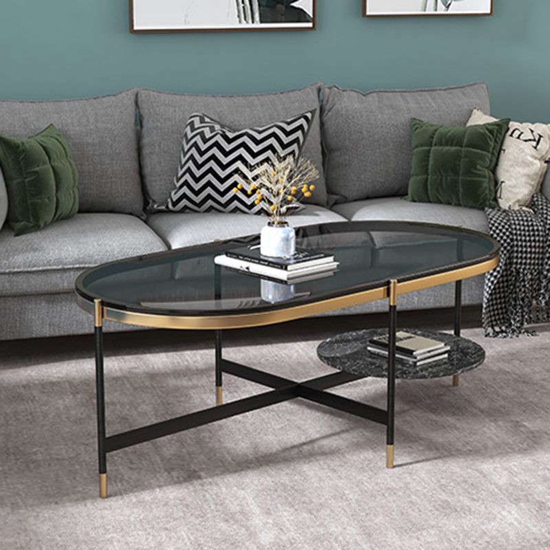 17.7" Tall Modern Metal Cross Leg Base Glass Oval Coffee Table with Shelf Clearhalo 'Coffee & Accent Tables' 'Coffee Tables' 'coffee_tables' 'furn' 'furn_coffee_tables' 'Furniture' 'furniture_coffee_tables' 'Living Room Furniture' 1200x1200_49898890-bcd1-4a23-9047-fa1fdf932294